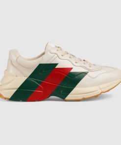 GUCCI REPLICATED RHYTON GREEN AND RED WEB PRINT WHITE LEATHER SNEAKERS