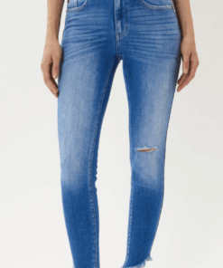 Kancan Denim- High Rise Frayed Ankle Skinny in Medium Wash