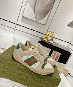 Gucci Virtus Distressed Leather And Webbing Trainers In Grey