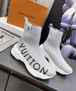 The Louis Vuitton LV Run 55 high-top sneakers feature a large LV Circle logo and Vuitton logo in stretch fabric