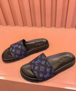 Louis Vuitton Wide Front Strap Slides In Black/Blue