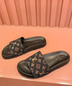 Louis Vuitton Wide Front Strap Slides In Black/Orange