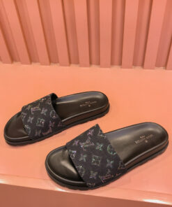 Louis Vuitton Wide Front Strap Slides In Black/Multi