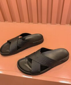 Louis Vuitton Embossed Monogram Crossover Straps Slides In Black