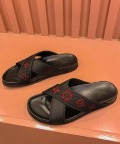 Louis Vuitton Mesh Monogram Crossover Straps Slides In Black/Red