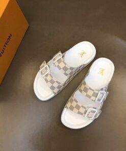 Louis Vuitton Damier Bom Dia Flat Comfort Mule In Beige/White
