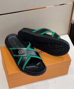 Louis Vuitton LV Initials Crossover Straps Slides In Black/Green