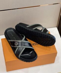 Louis Vuitton LV Initials Crossover Straps Slides In Black/Olive