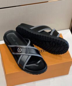 Louis Vuitton LV Initials Crossover Straps Slides In Black/Grey