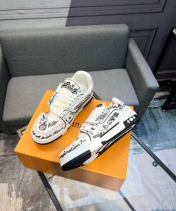 Louis Vuitton Graffiti-like Signatures & Slogans LV Trainer Sneaker In White/Black