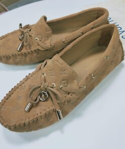 Louis Vuitton Gloria Flat Loafer Monogram Embossed Suede Leather In Beige