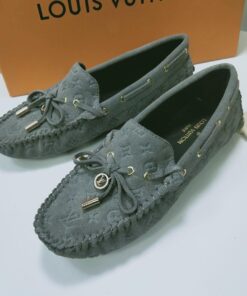 Louis Vuitton Gloria Flat Loafer Monogram Embossed Suede Leather In Gray