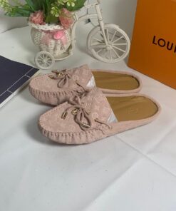 Louis Vuitton Gloria Open Back Flat Loafer Monogram Embossed Suede Leather In Beige