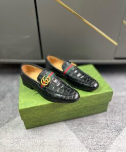 Gucci GG Web Stripes Loafer In Crocodile Black
