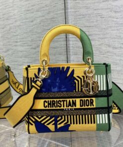 Christian Dior Medium Lady D-Lite Bag D-Flower Pop Embroidery, Bright Yellow/Green For Women  24cm CD M0565OROO_M886
