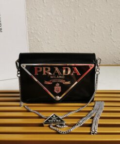 Prada Brushed Shoulder Bag Black For Women, Women's Bags 6.7in/17cm