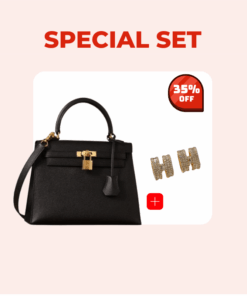Special Set Hermes: Hermes Kelly Epsom Gold Tone Lock Bag Black For Women 9.8in/25cm + Hermes H Logo Earrings Gold Tone For Women