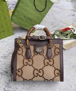 Gucci Diana Jumbo GG Small Tote Bag Camel And Ebony Jumbo GG Canvas Brown For Women 11in/28cm 660195 UKMFT 2672