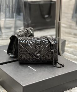 Saint Laurent Envelope Small Bag Black In Mix Matelasse Grain De Poudre Embossed Material For Women 8.2in/21cm YSL
