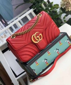 Gucci Marmont Small Matelasse Shoulder Bag Hibiscus Red Matelass Chevron For Women 10in/26cm GG 443497 DTDIT 6433