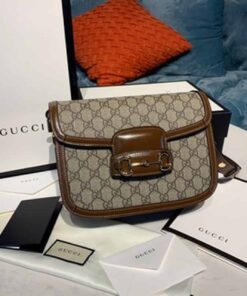 Gucci Horsebit 1955 Shoulder Bag Beige/Ebony GG Supreme Canvas With Brown For Women 9.8in/25cm GG 602204 92TCG 8563