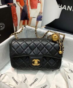 Chanel Flap Bag With CC Ball On Strap Black For Women, Women's Handbags, Shoulder And Crossbody Bags 7.8in/20cm AS1787