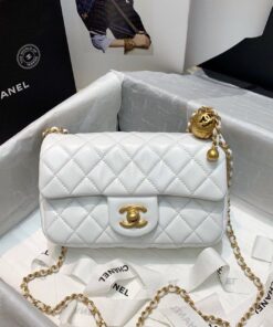 Chanel Flap Bag With CC Ball On Strap White For Women, Women's Handbags, Shoulder And Crossbody Bags 7.8in/20cm AS1787