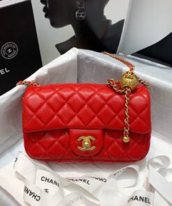 Chanel Flap Bag With CC Ball On Strap Red For Women, Women's Handbags, Shoulder And Crossbody Bags 7.8in/20cm AS1787
