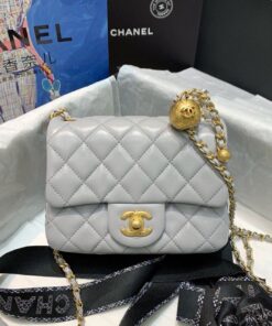 Chanel Classic Flap With Charm Chain With CC Details On Strap Bag 17cm/7inch Gold Hardware Grey