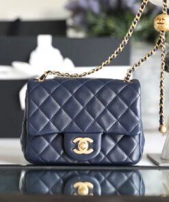 Chanel Mini Flap Bag With CC Ball On Strap Navy Blue For Women, Women's Handbags, Shoulder And Crossbody Bags 6.7in/17cm AS1786