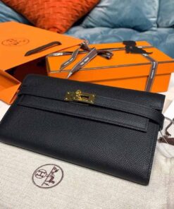Hermes Kelly Wallet To Go Woc Black With Gold Toned Hardware Bag For Women 8.2in/21cm