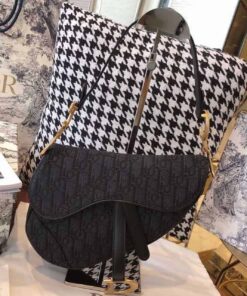 Christian Dior Saddle Bag Black Oblique Embroidered Canvas Gold Toned Hardware For Women 25cm/10in CD