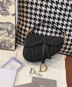 Christian Dior Saddle Bag Black Oblique Embroidered Canvas Gold Toned Hardware For Women 19.5cm/7.6in CD