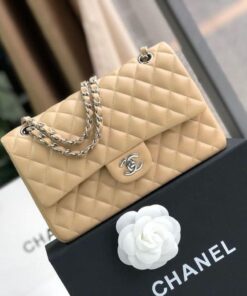 Chanel Classic Handbag Silver Hardware Beige For Women, Women's Bags, Shoulder And Crossbody Bags 10.2in/26cm A01112