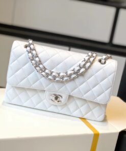 Chanel Classic Medium Flapbag Silver Hardware White 10in/25.5cm