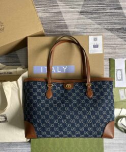 Gucci Ophidia GG Medium Tote Dark Blue And Ivory Eco Washed Organic GG Jacquard Denim For Women 15in/38cm GG ?631685 2KQGG 8375