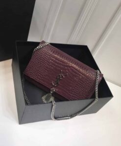 Saint Laurent Kate Medium Chain Bag With Tassel In Embossed Crocodile Dark Violet For Women 9.4in/24cm YSL