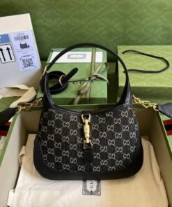 Gucci Jackie 1961 Small Shoulder Bag Black And Ivory GG Denim Jacquard For Women 11in/28cm 678843 UN3AG 1294