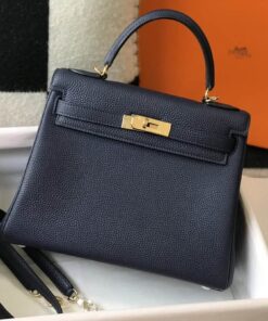 Hermes Kelly 32 Taurillon Clemence Blue Nuit Bag For Women 12.5in/32cm
