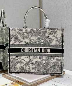 Christian Dior Large Dior Book Tote de Jouy Flowers Embroidery, Black/Beige, For Women 42cm CD M1286ZTQW_M808