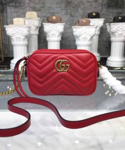 Gucci GG Marmont Matelasse Mini Bag Hibiscus Red Matelasse Chevron For Women 7in/18cm GG
