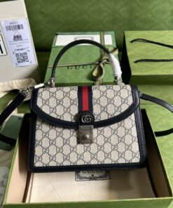 Gucci Ophidia Small Top Handle Bag Beige And Blue GG Supreme Canvas For Women 10in/25cm 651055 96IWN 4076