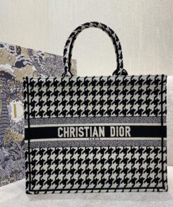 Christian Dior Large Dior Book Tote Black Houndstooth Embroidery Black/White For Women 42cm CD