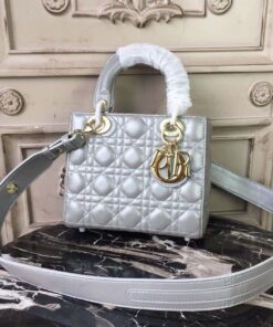 Christian Dior Small Lady Dior Bag Gold Toned Hardware Pearl Silver White For Women 8in/20cm CD