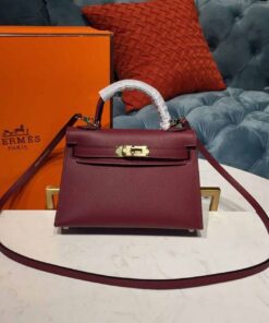 Hermes Mini Kelly Burgundy For Women Gold Toned Hardware 7.5in/19cm