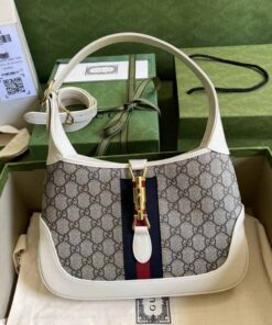 Gucci Jackie 1961 Small Shoulder Bag Beige And Ebony GG Supreme Canvas For Women 11in/28cm 636706 HUHHG 9794
