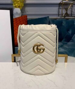 Gucci GG Marmont Mini Bucket Bag White Matelasse Chevron For Women 6in/13cm GG 575163 DTDRT 9022