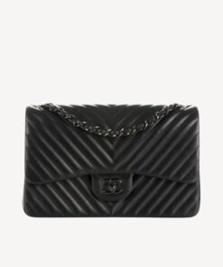 Chanel Chevron Classic Handbag Black For Women 10.2in/26cm