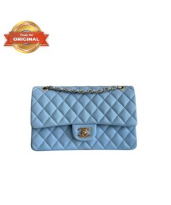 [True-to-ORIGINAL] Chanel Classic Double Flap Bag Light Blue For Women 25cm/10in