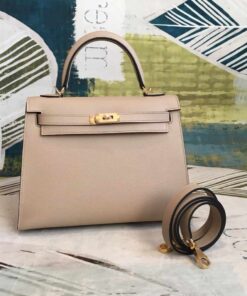 Hermes Kelly Light Gray For Women Gold Toned Hardware 10in/25cm